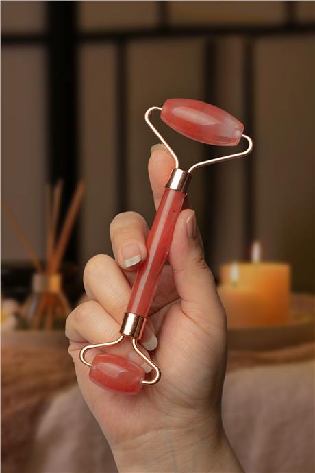 Gül Kuvars Taşı Roz Face Roller Çift Taraflı Orijinal Masaj Aleti