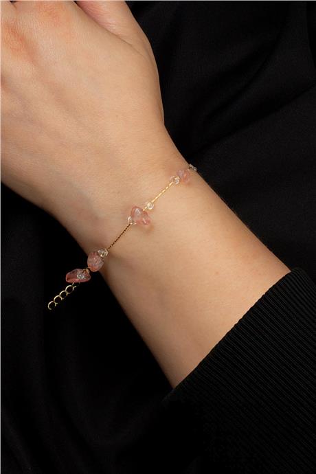 Gül Kuvars Kırık Doğal Taş Yapıştırma Zincir Bileklik