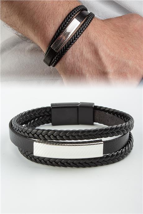Gümüş Plaklı Üçlü Deri Erkeke Bileklik