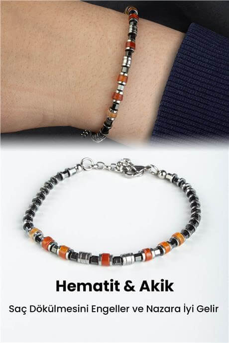 Hematit-Akik Doğal Taş Rondela Kesim Çelik Erkek Bileklik