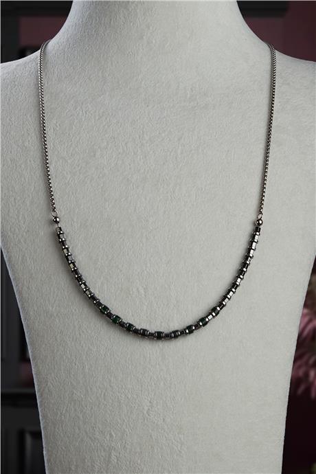 Hematit-Akik Yeşil Doğal Taş Çelik Erkek Kolye