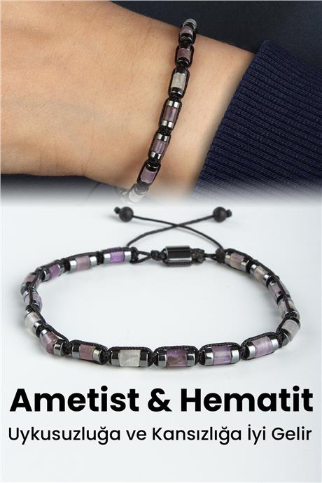 Ametist Doğal Taş Silindir Kesim Hematitli 4x4mm Makrome Bileklik