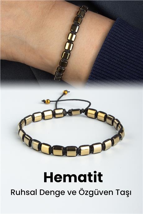 Hematit Doğal Taş Antik Sarı Kanallı Yassı Kare Kesim 5x5mm Makrome Bileklik