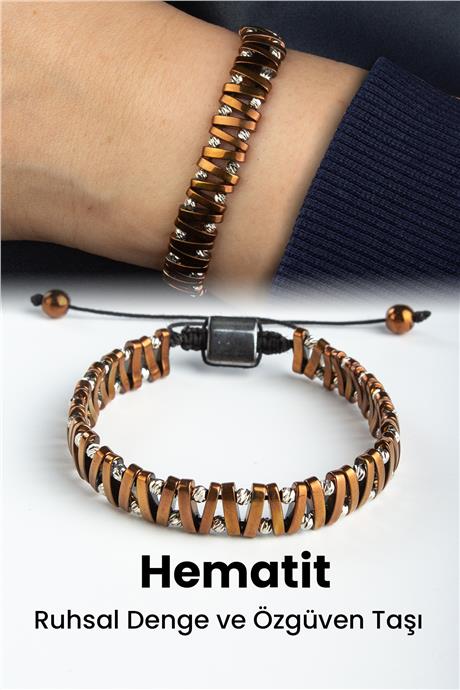 Hematit Doğal Taş Bombeli Dikdörtgen Kesim Dorikalı Makrome Bileklik