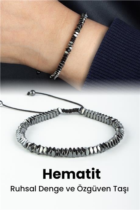 Hematit Doğal Taş Füme Köşeli Rondela Kesim Makrome Bileklik
