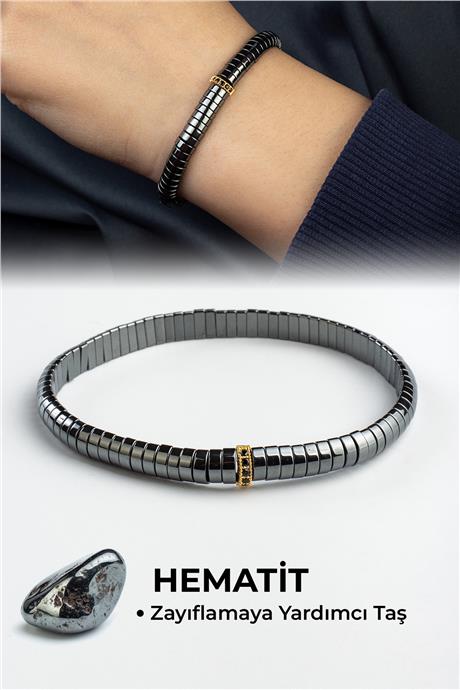 Hematit Doğal Taş Füme Yarım Oval Kesim Ortası Zirkonlu 6x2mm Bileklik