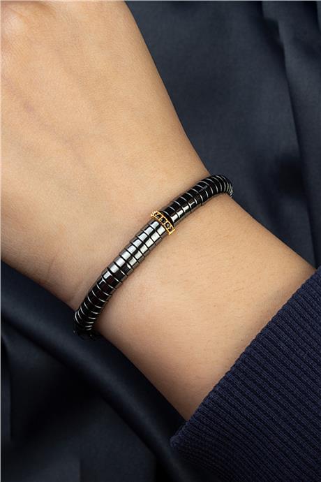 Hematit Doğal Taş Füme Yarım Oval Kesim Ortası Zirkonlu 6x2mm Bileklik