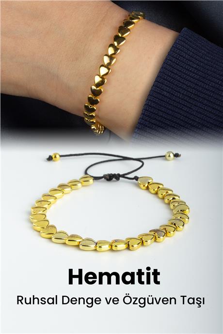 Hematit Doğal Taş Gold Kalp Kesim 6mm Makrome Bileklik