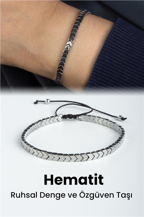 Hematit Doğal Taş Gümüş Çavuş Kesim 4x2mm Makrome Bileklik