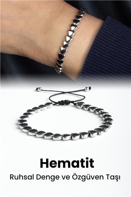 Hematit Doğal Taş Gümüş Kalp Kesim 6mm Makrome Bileklik