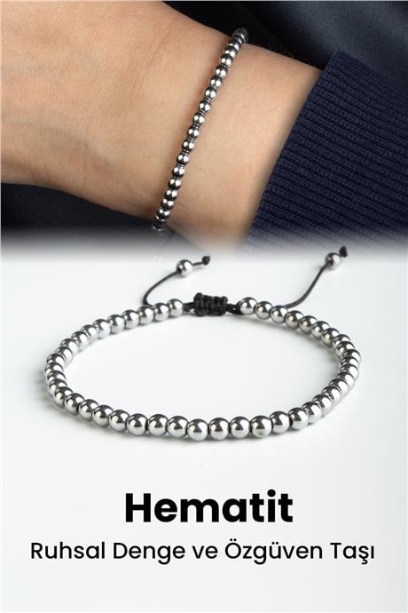 Hematit Doğal Taş Gümüş Küre Kesim 3mm Makrome Bileklik