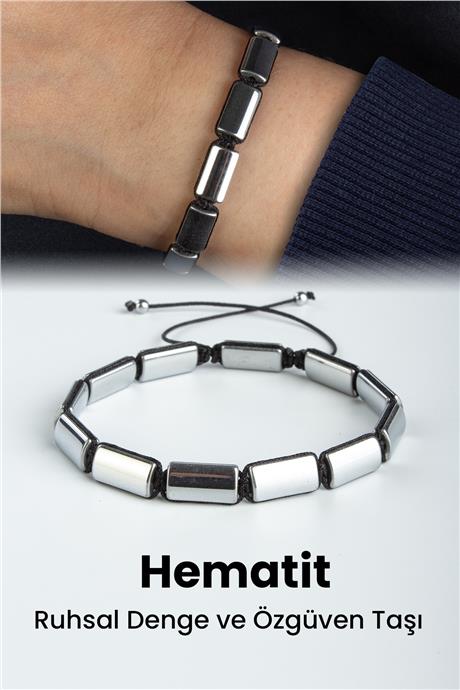 Hematit Doğal Taş Gümüş Dikdörtgen Kesim 7x13mm Makrome Bileklik