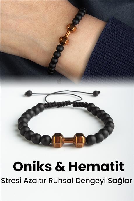 Hematit Doğal Taş Mat Bronz Dambıl Kesim Makrome Bileklik