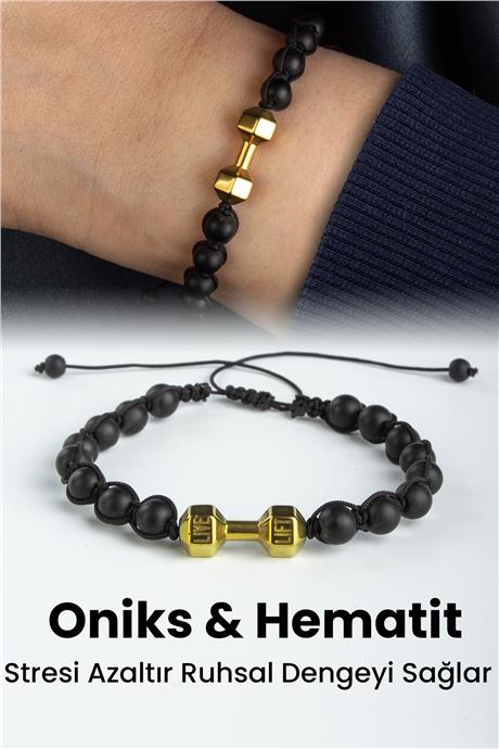Oniks ve Hematit Doğal Taş Gold Renk Dambıl Kesim Makrome Bileklik
