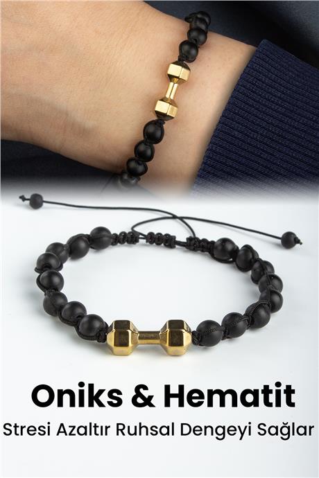 Oniks ve Hematit Doğal Taş Antik Sarı Dambıl Kesim Makrome Bileklik