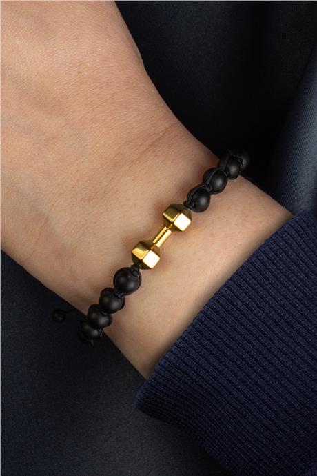 Oniks ve Hematit Doğal Taş Gold Renk Dambıl Kesim Makrome Bileklik