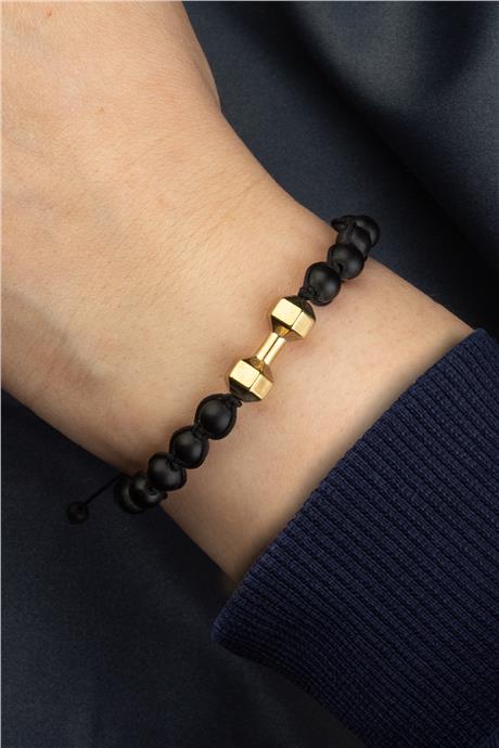 Oniks ve Hematit Doğal Taş Antik Sarı Dambıl Kesim Makrome Bileklik