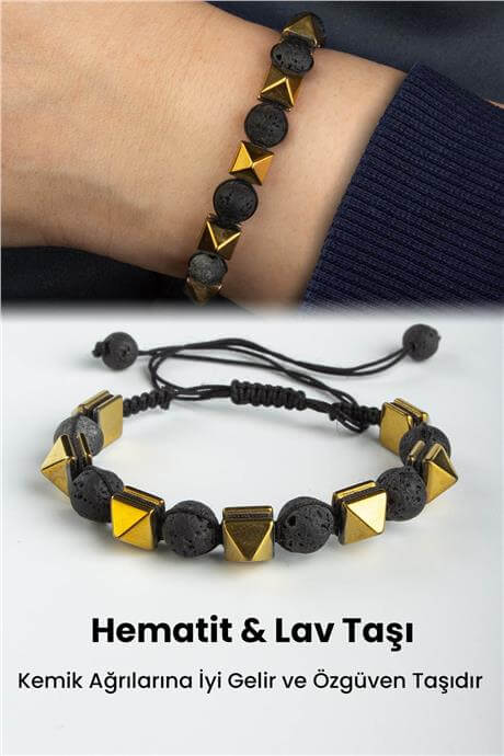 Hematit Doğal Taş Mat Gold Piramit Kesim Makrome Bileklik