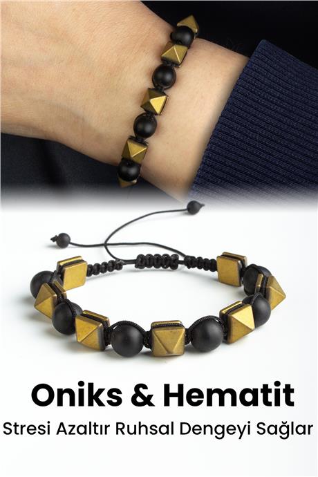 Hematit Doğal Taş Mat Gold Piramit Kesim Makrome Bileklik