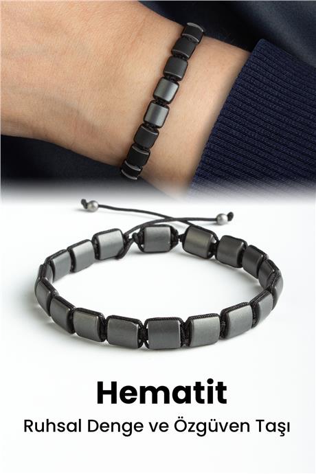 Hematit Doğal Taş Mat Gri Yassı Kare Kesim Makrome Bileklik