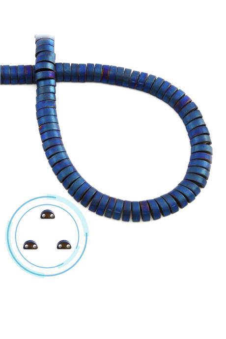 Hematite Natural Stone Matte Blue Dished Cut Double Hole 6x2mm String Of Beads