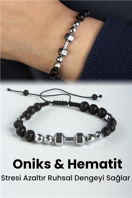 Hematit Doğal Taş Mat Silver Dambıl Kesim Makrome Bileklik