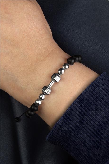 Hematit Doğal Taş Mat Silver Dambıl Kesim Makrome Bileklik