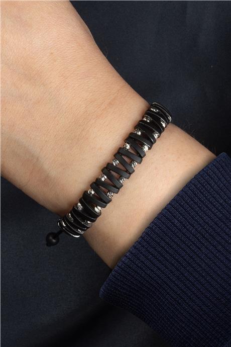 Hematit Doğal Taş Mat Siyah Bombeli Dikdörtgen Kesim Dorikalı Makrome Bileklik