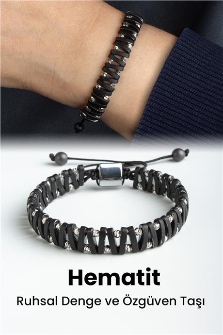 Hematit Doğal Taş Mat Siyah Bombeli Dikdörtgen Kesim Dorikalı Makrome Bileklik
