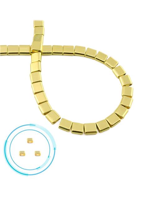 Hematite Natural Stone Shiny Gold Yellow Square Cut Double Hole 6x6mm String Of Beads