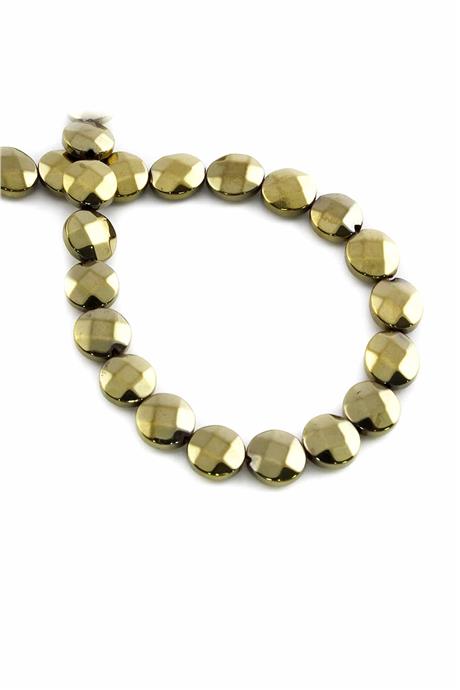 Hematite Natural Stone Shiny Antique Yellow Round Dished Facet Cut 8mm String Of Beads