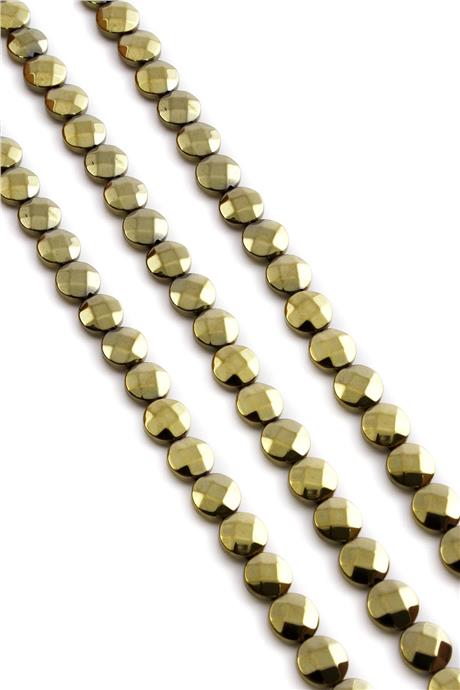 Hematite Natural Stone Shiny Antique Yellow Round Dished Facet Cut 8mm String Of Beads