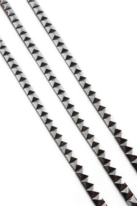 Hematite Natural Stone Shiny Smoked Pyramid Square Cut Double Hole 6x6mm String Of Beads