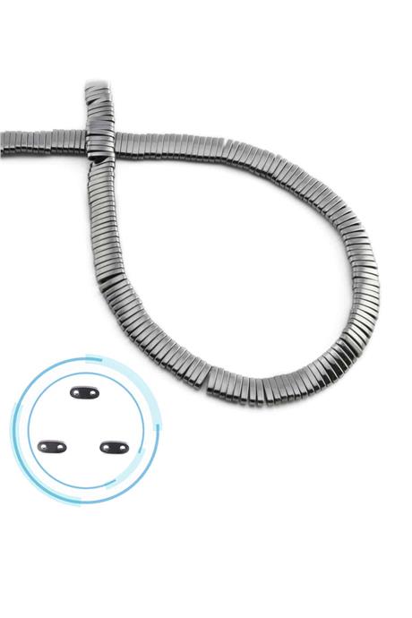 Hematit Doğal Taş Parlak Füme Rondela Kesim Çift Delik 5x1mm Dizi [AA]