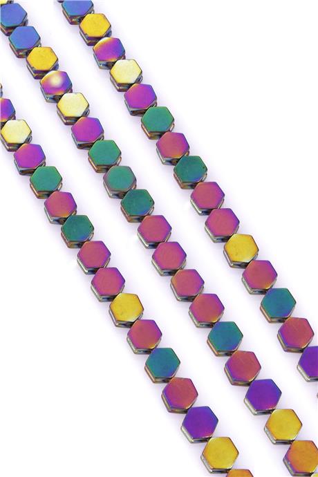 Hematite Natural Stone Shiny Rainbow Hexagon Cut 8x5mm String Of Beads