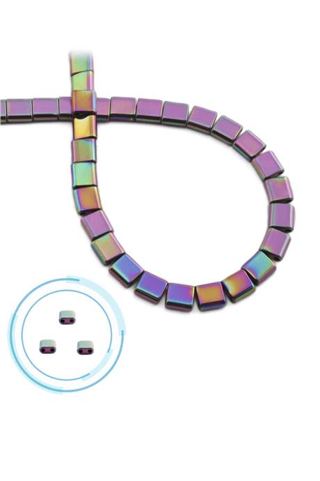 Hematite Natural Stone Shiny Rainbow Square Cut Double Hole 6x6mm String Of Beads