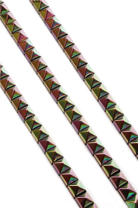Hematite Natural Stone Shiny Rainbow Pyramid Cut 8x8mm String Of Beads