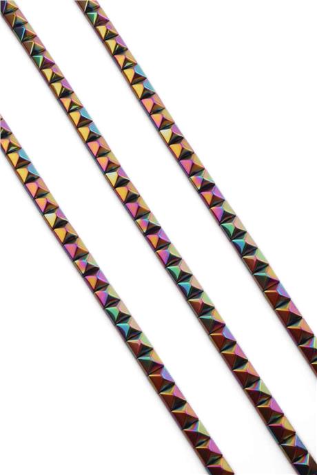 Hematite Natural Stone Shiny Rainbow Pyramid Square Cut Double Hole 6x6mm String Of Beads