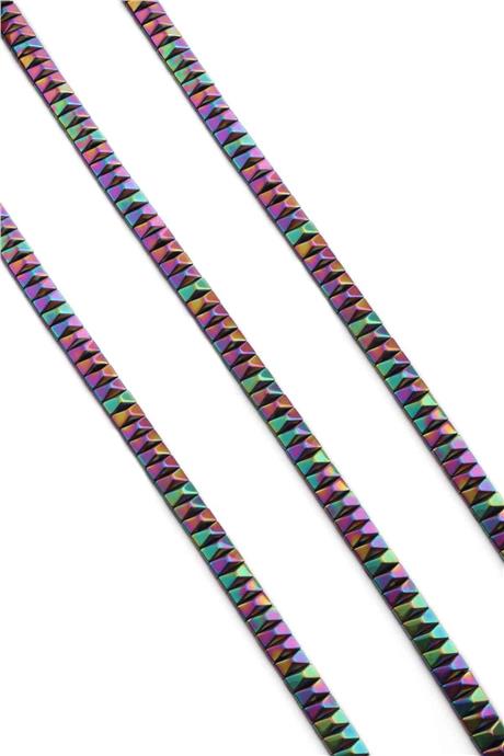 Hematite Natural Stone Shiny Rainbow Pyramid Cut Double Hole 6x3mm String Of Beads