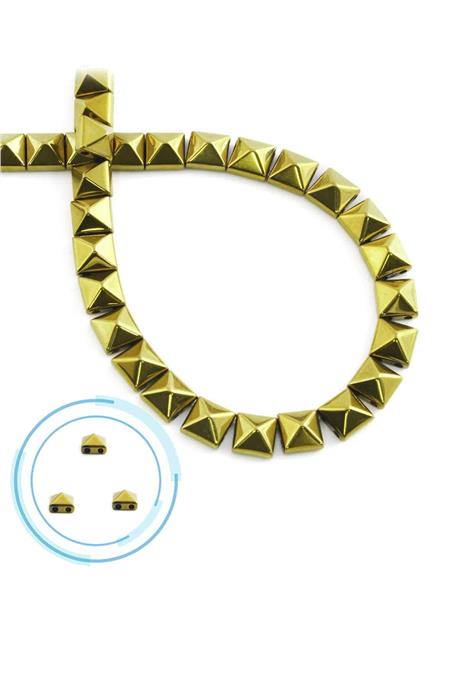 Hematite Natural Stone Shiny Gold Pyramid Square Cut Double Hole 6x6mm String Of Beads