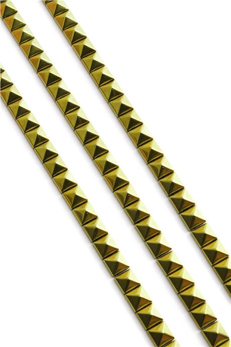 Hematite Natural Stone Shiny Gold Pyramid Square Cut Double Hole 6x6mm String Of Beads
