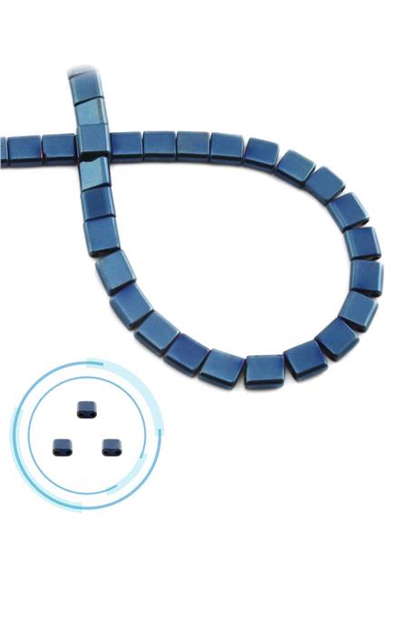 Hematite Natural Stone Shiny Blue Square Cut Double Hole 6x6mm String Of Beads