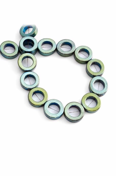 Hematite Natural Stone Shiny Green Circle Cut 14mm String Of Beads