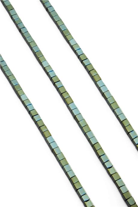 Hematite Natural Stone Shiny Green Square Cut 4x4mm String Of Beads