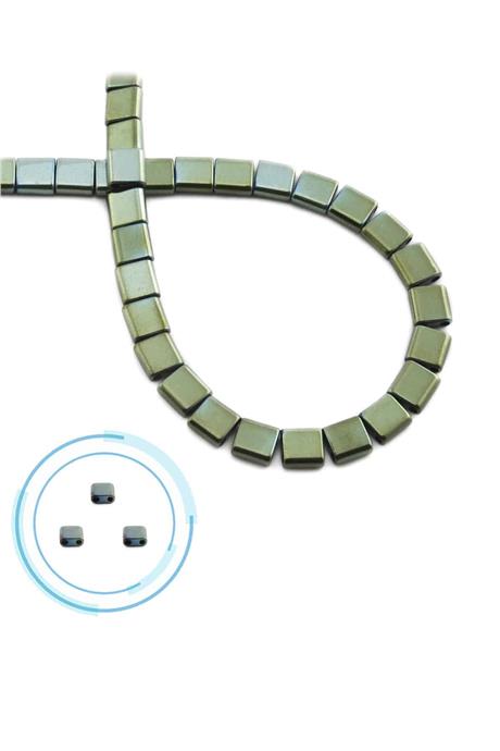 Hematite Natural Stone Shiny Green Square Cut Double Hole 6x6mm String Of Beads