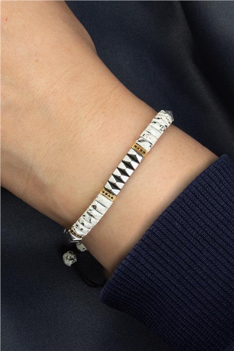 Hematit Doğal Taş Mat Benekli Beyaz Piramit Kesim 6x3mm Zirkonlu Makrome Bileklik