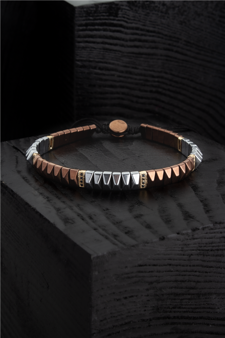 Hematit Doğal Taş Kahverengi Piramit Kesim 6x3mm Zirkonlu Makrome Bileklik