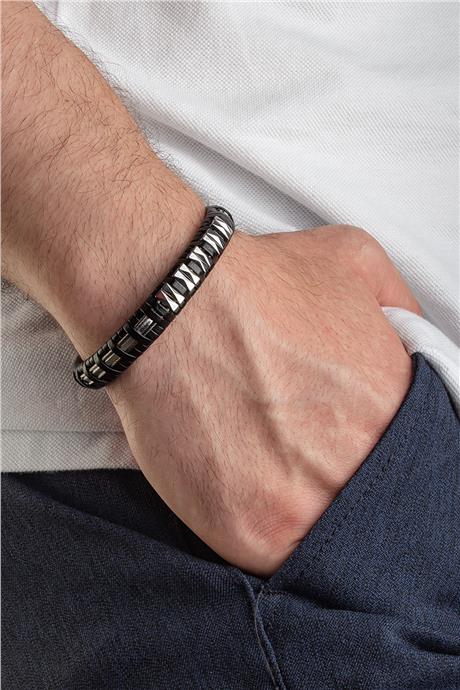 Hematit Doğal Taşlı Çelik Örmeli Deri Erkek Bilekliği