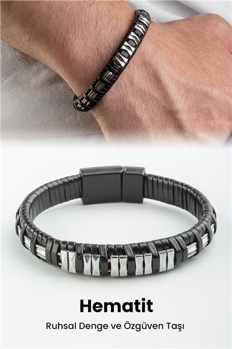 Hematit Doğal Taşlı Çelik Örmeli Deri Erkek Bilekliği
