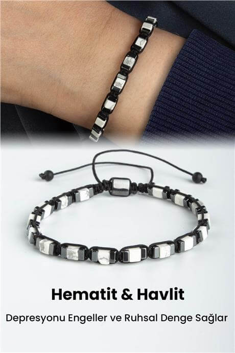 Hematit - Havlit Doğal Taş Küp Kesim Makrome Bileklik